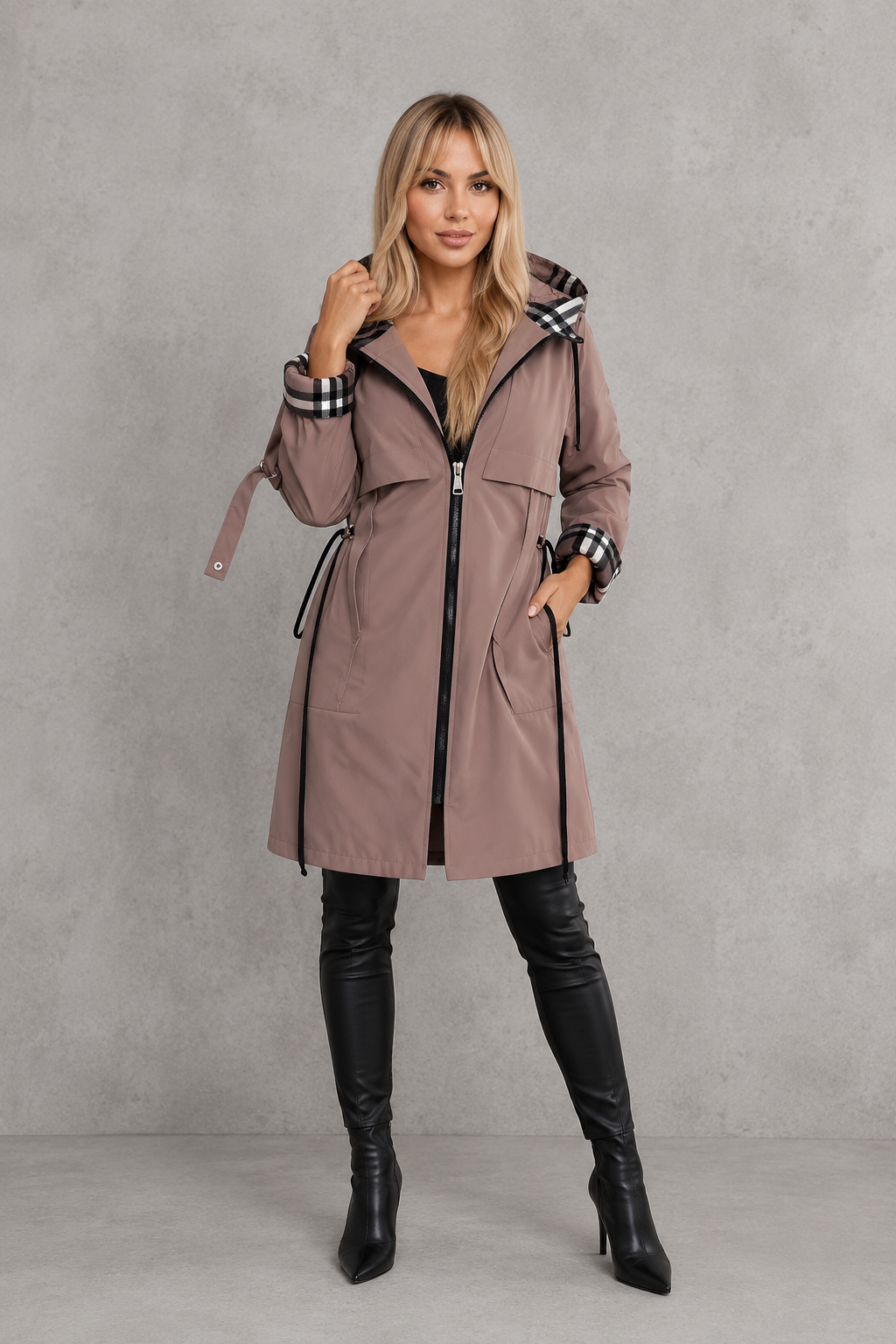 Women's Waterproof Hooded Jacket with Checked Trim