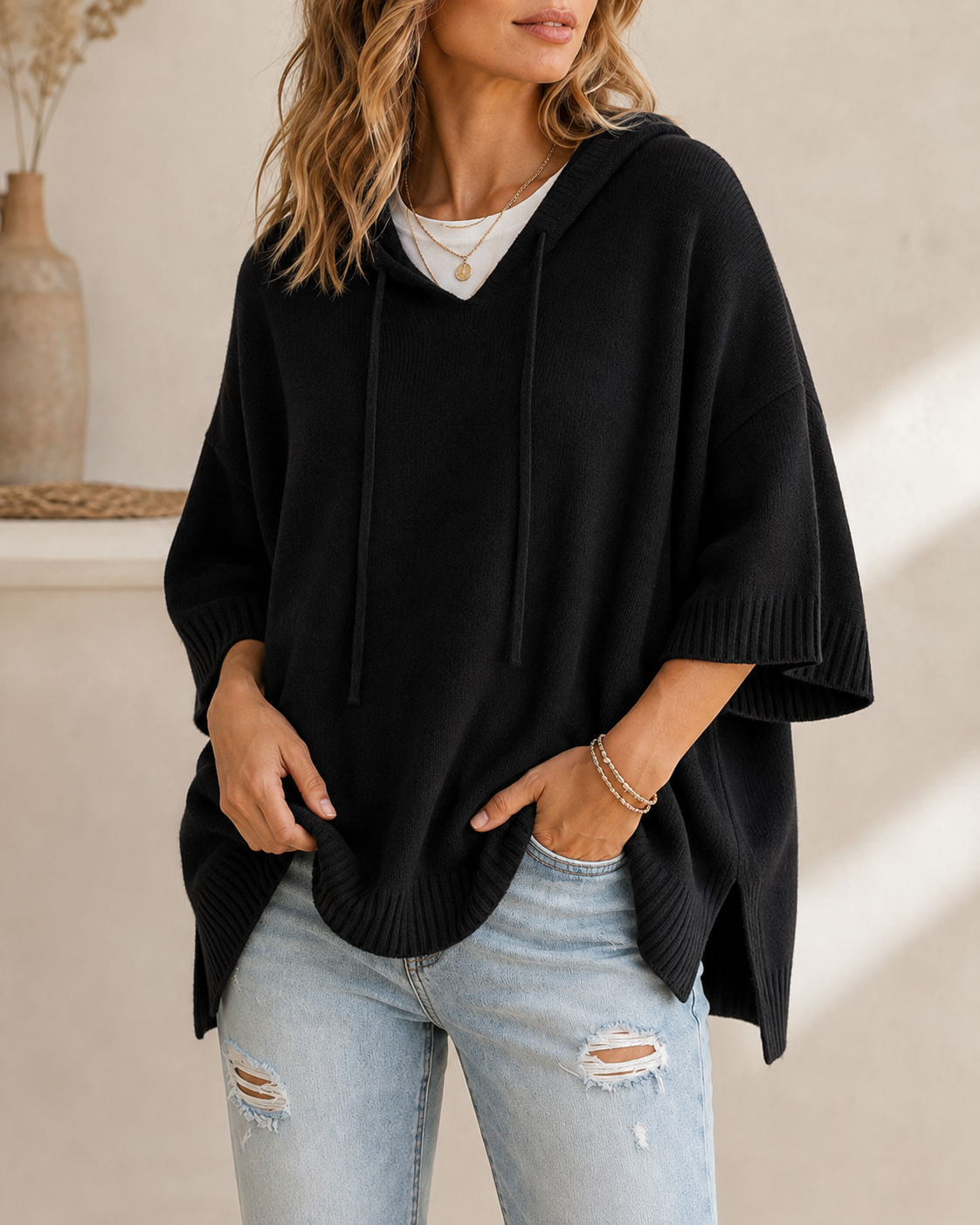 Relaxed Fit Women's 3/4 Sleeve Hoodie