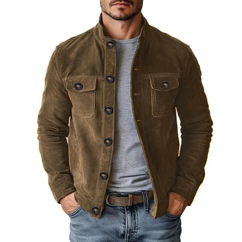 Men's Stand-Up Collar Utility Jacket with Button Closure