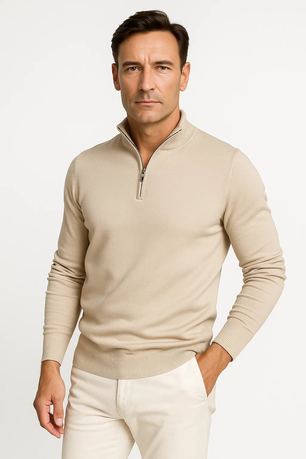 Men's Quarter Zip Jumper Cotton Blend Classic Fit Minimalist Design