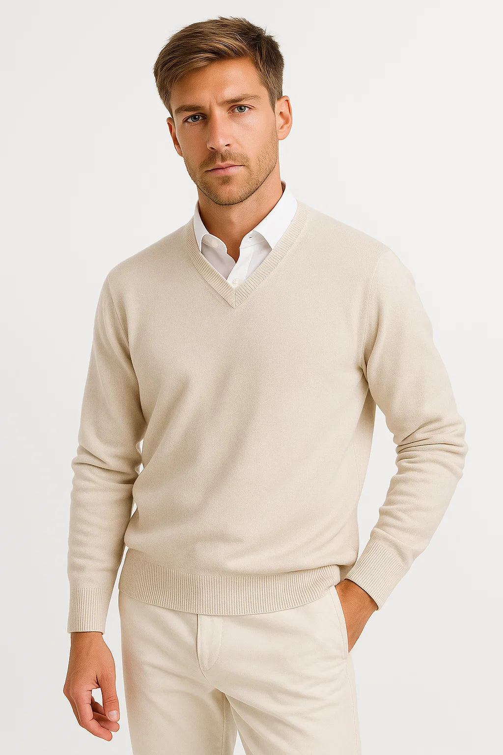 Men's Sweater Wool-Polyester Mix V-Neck Lightweight