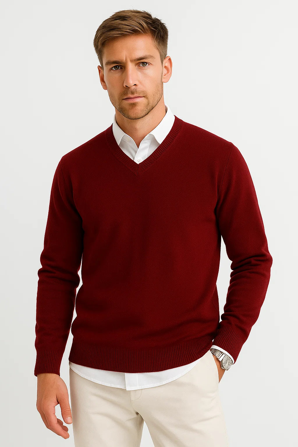 Men's Sweater Wool-Polyester Mix V-Neck Lightweight