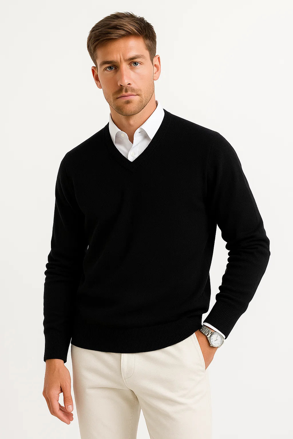 Men's Sweater Wool-Polyester Mix V-Neck Lightweight
