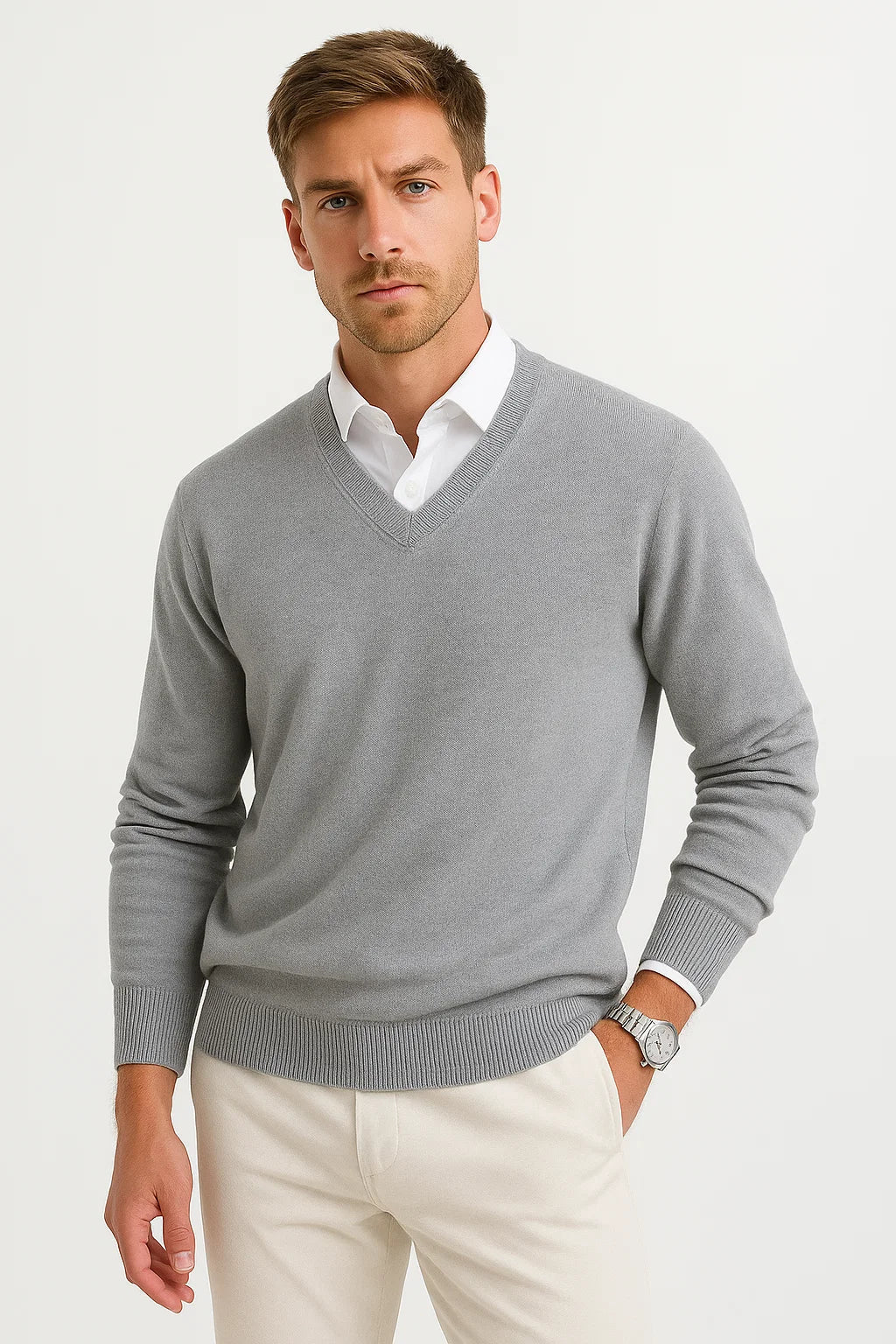 Men's Sweater Wool-Polyester Mix V-Neck Lightweight