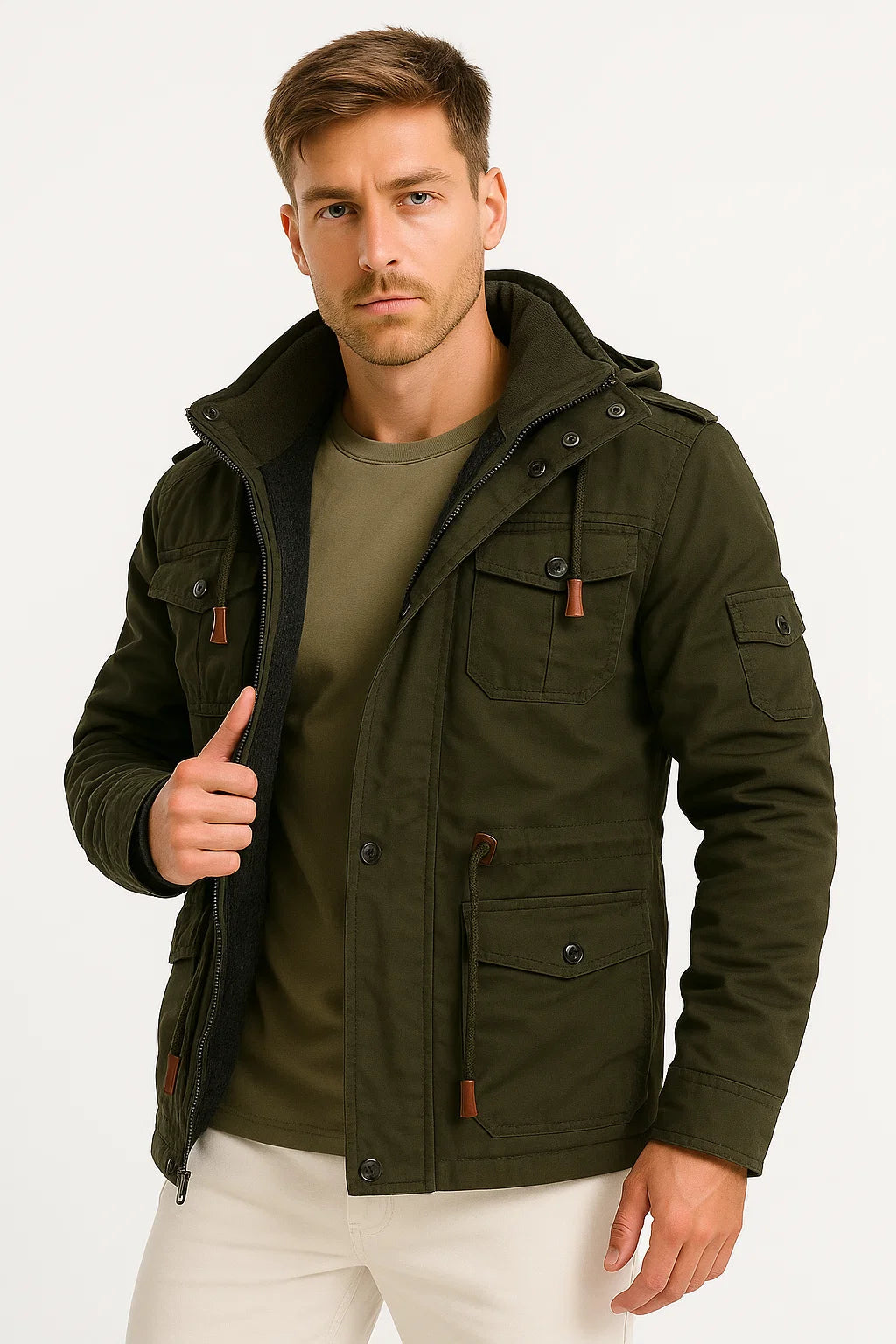 Men's Winter Jacket Army Green Fleece Thermal Hooded Casual Outdoor Jacket