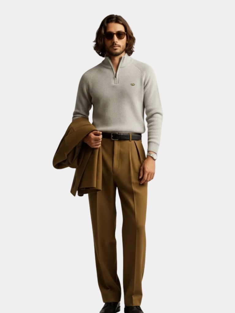 Premium Cotton Men's Quarter-Zip Sweater with Elegant Embroidery