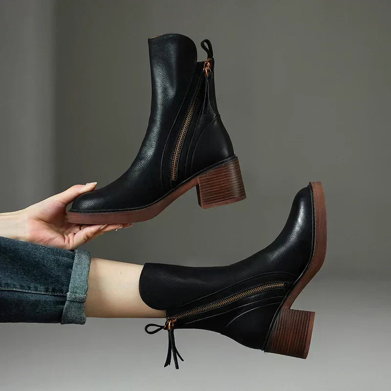 Chic Women's Authentic Leather Ankle Boots with Block Heel