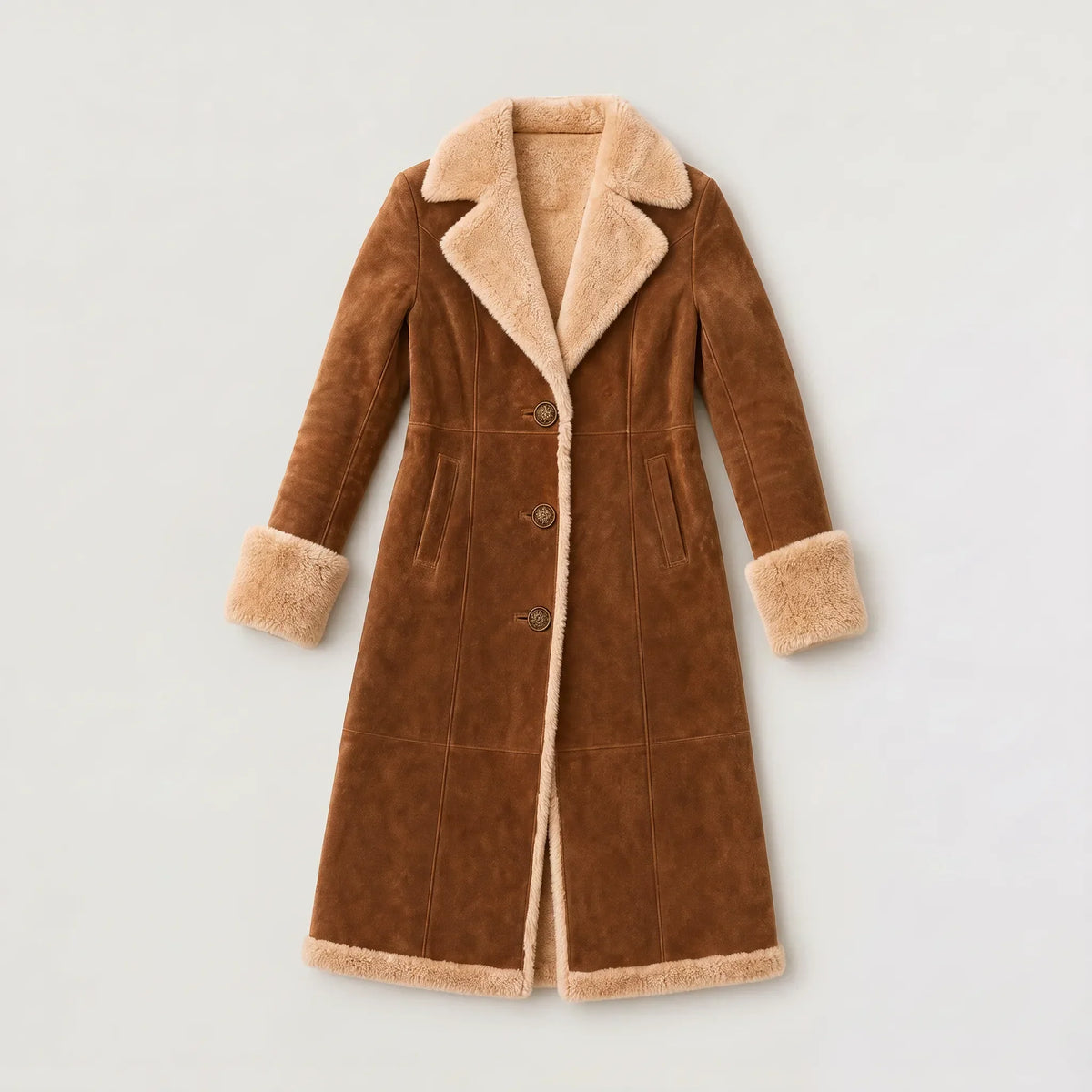 Long Winter Coat for Women in Suede with Fur Trim