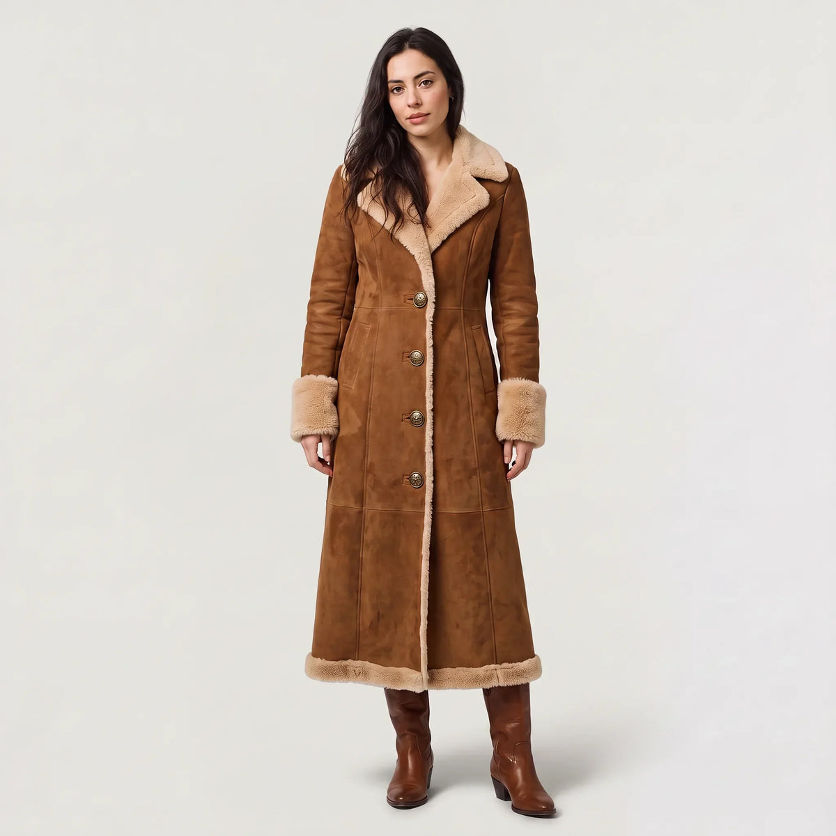 Long Winter Coat for Women in Suede with Fur Trim