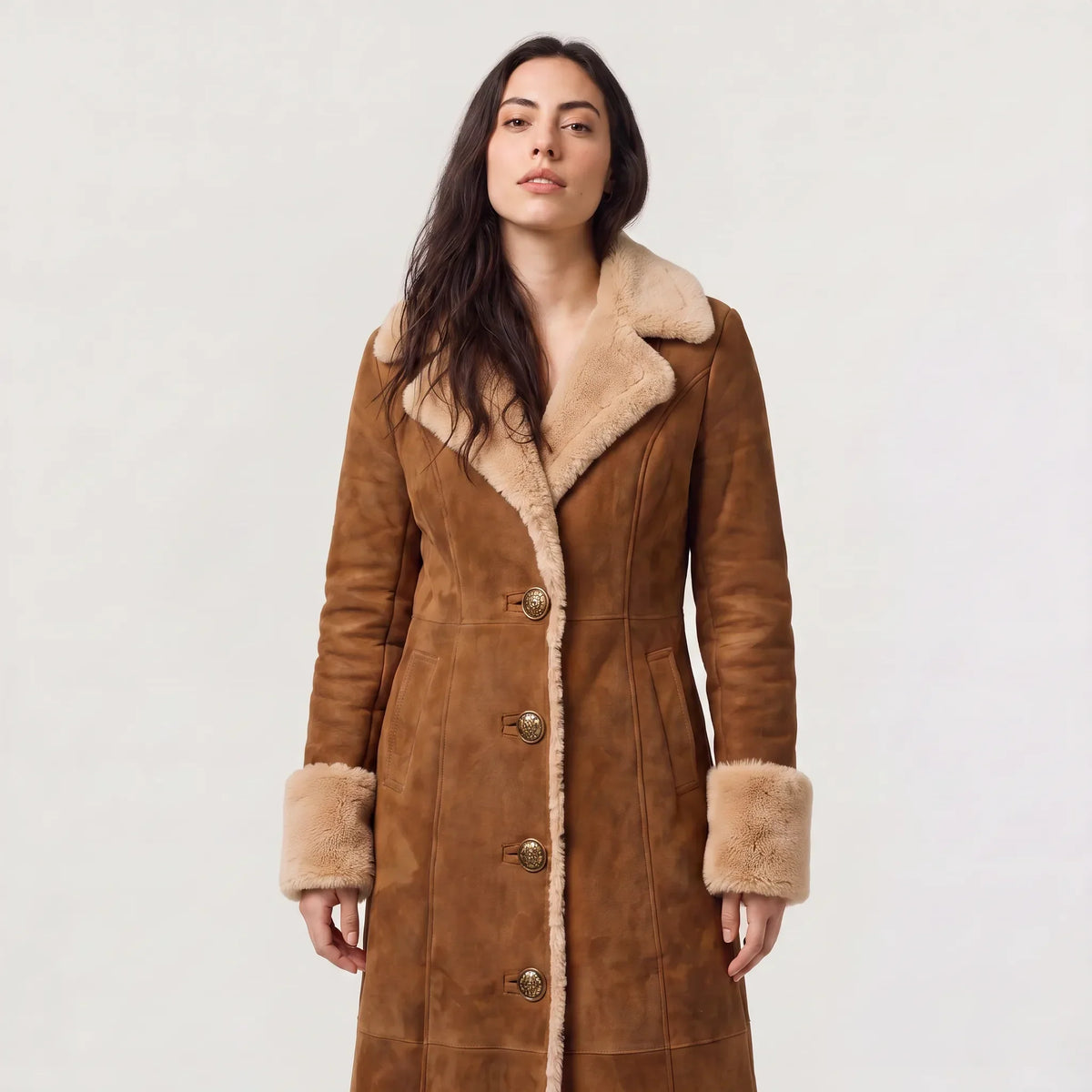 Long Winter Coat for Women in Suede with Fur Trim