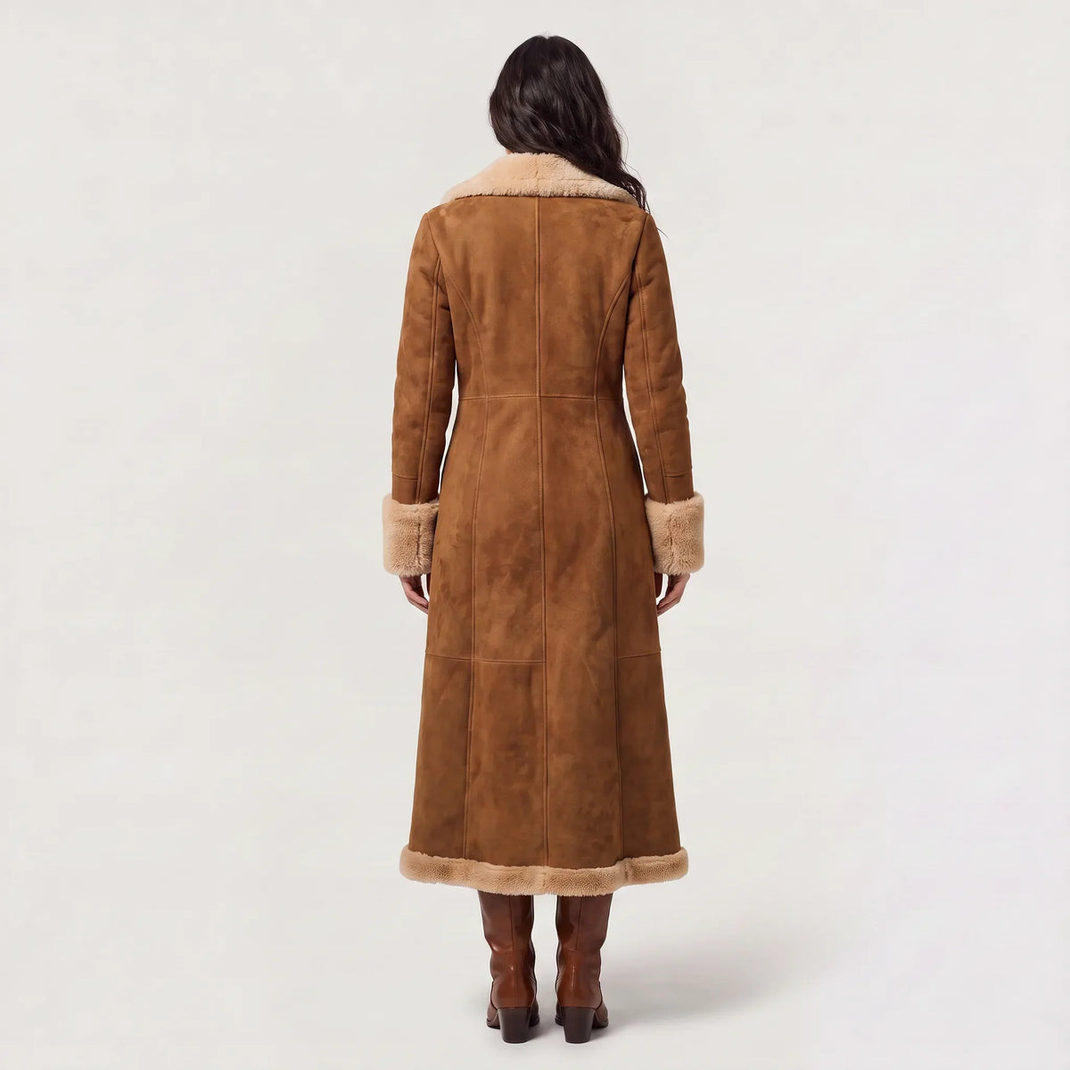 Long Winter Coat for Women in Suede with Fur Trim