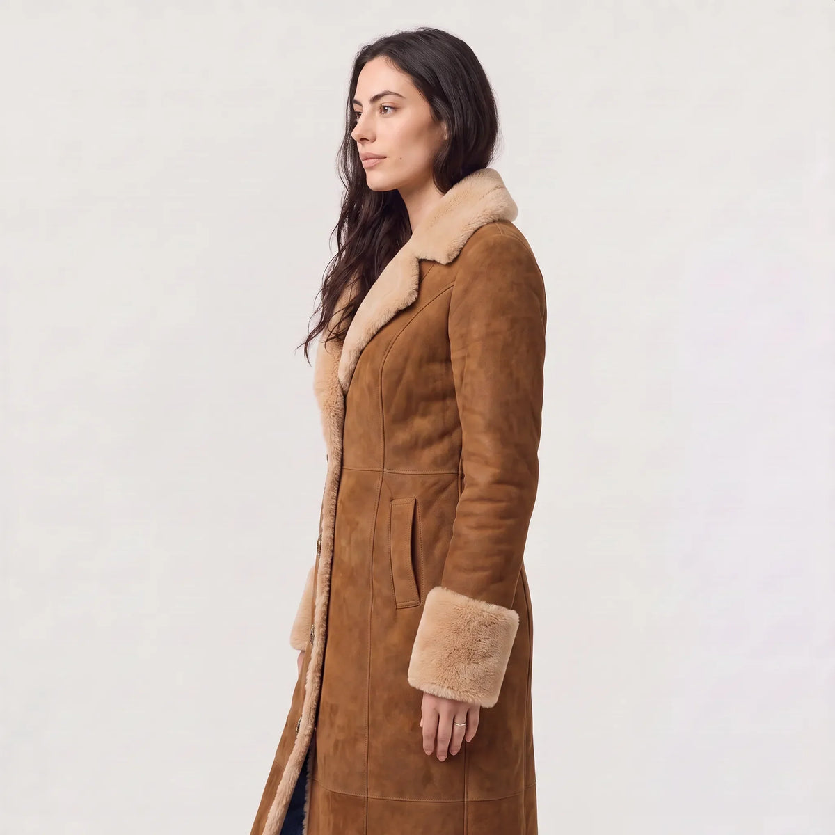 Long Winter Coat for Women in Suede with Fur Trim