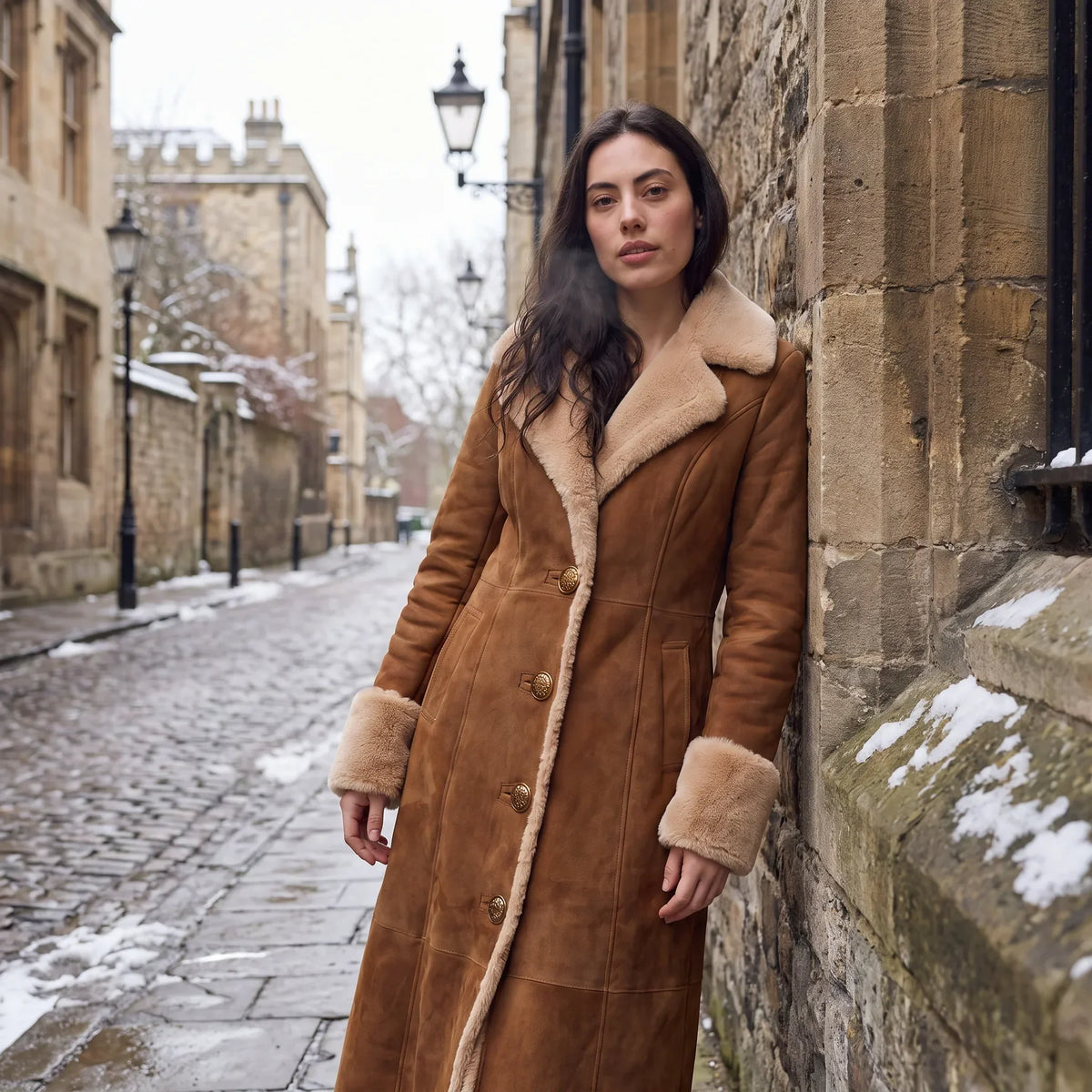 Long Winter Coat for Women in Suede with Fur Trim