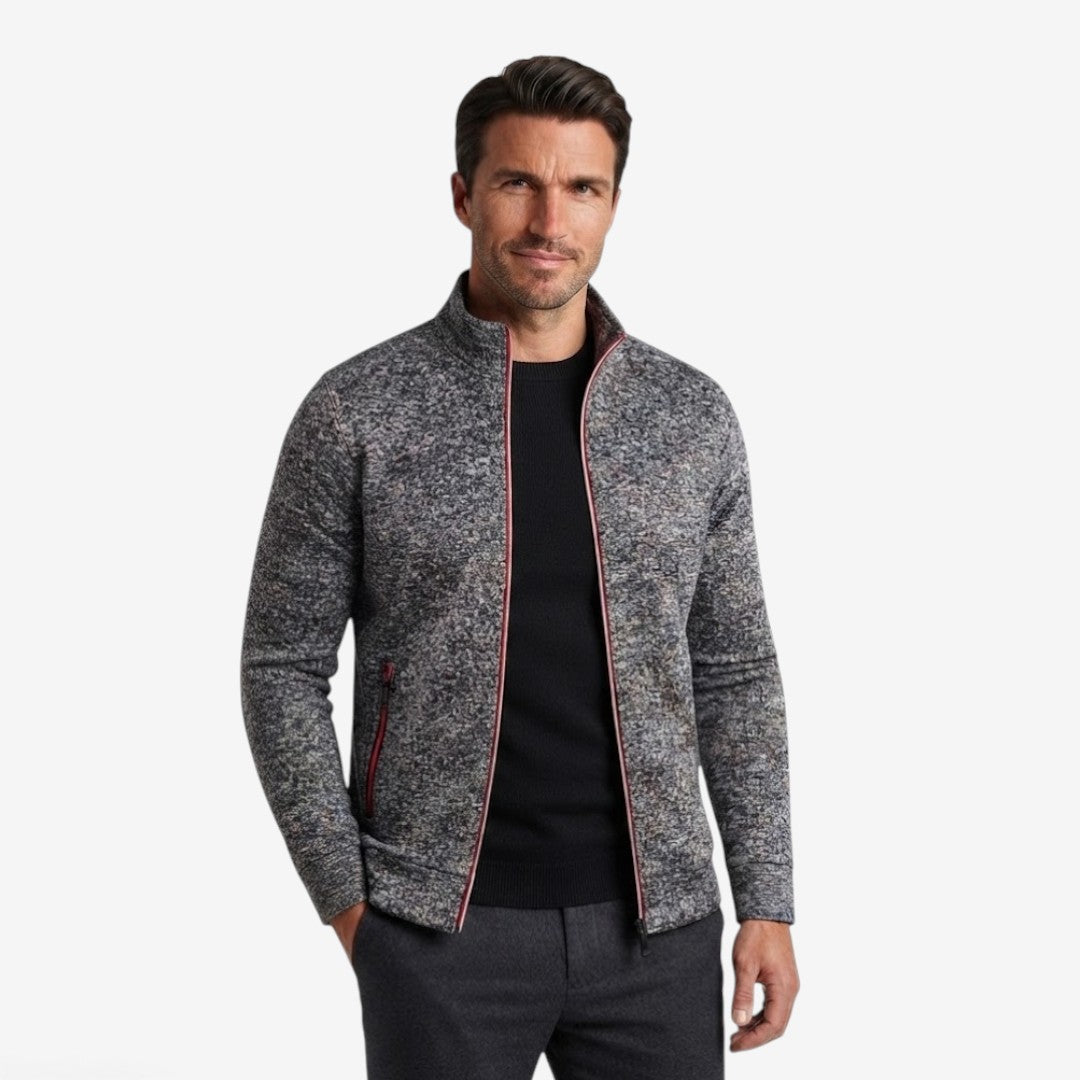 Sleek Men's Knit Zip Jacket with High Collar and Zippered Pockets
