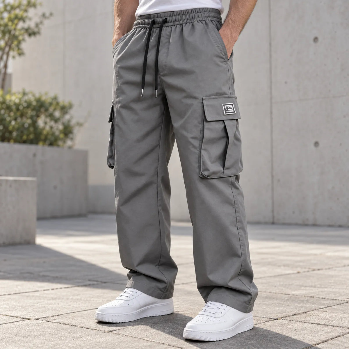 Men's Cargo Trousers with Elastic Waistband and Drawstring