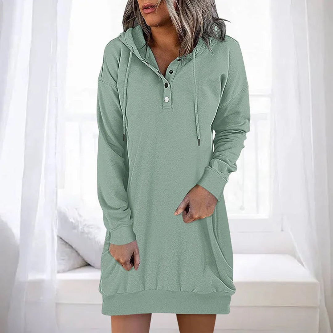 Cozy Hooded Dress Featuring Buttons and Pockets