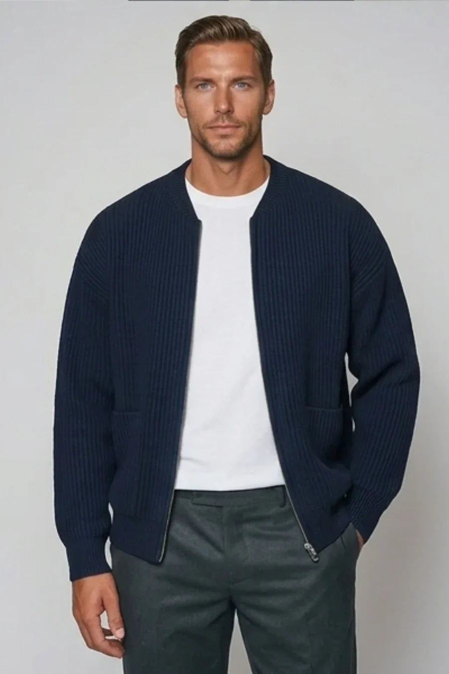 Knitted cardigan for men with pockets - Navy Blue
