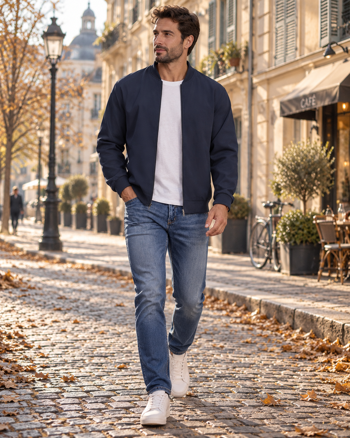 Gareth Men's Lightweight Zip-Up Bomber Jacket with Ribbed Collar and Side Pockets