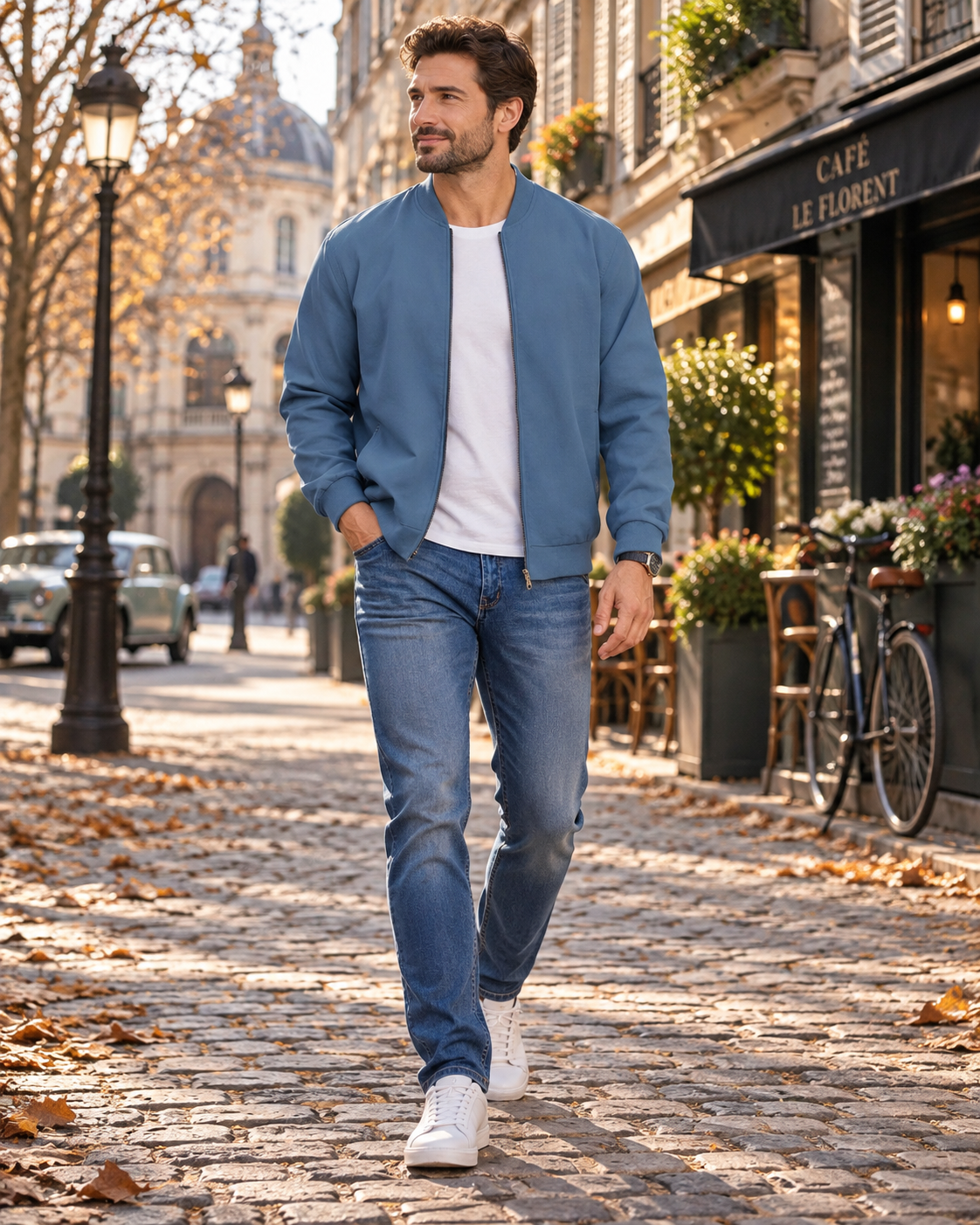 Gareth Men's Lightweight Zip-Up Bomber Jacket with Ribbed Collar and Side Pockets