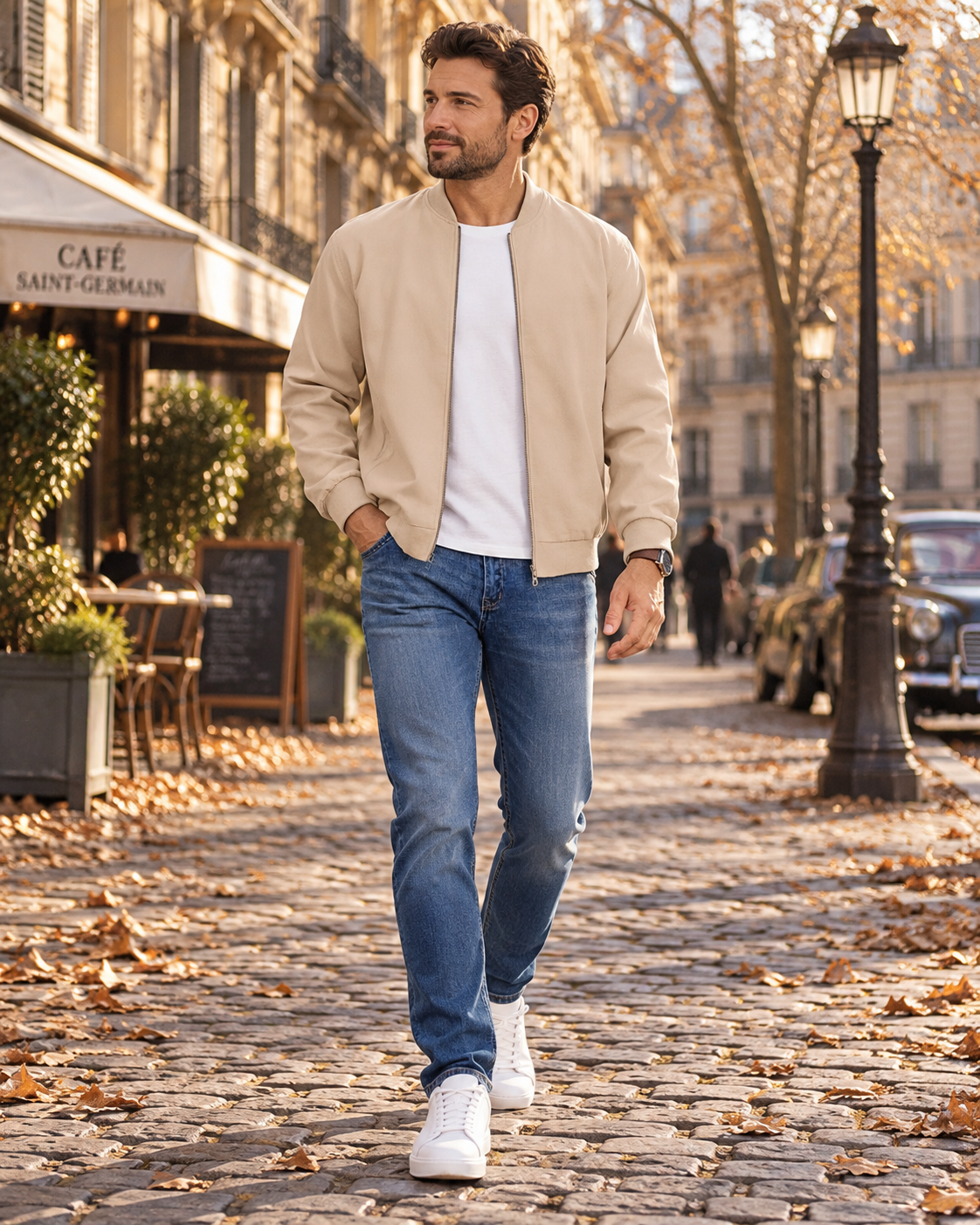 Gareth Men's Lightweight Zip-Up Bomber Jacket with Ribbed Collar and Side Pockets