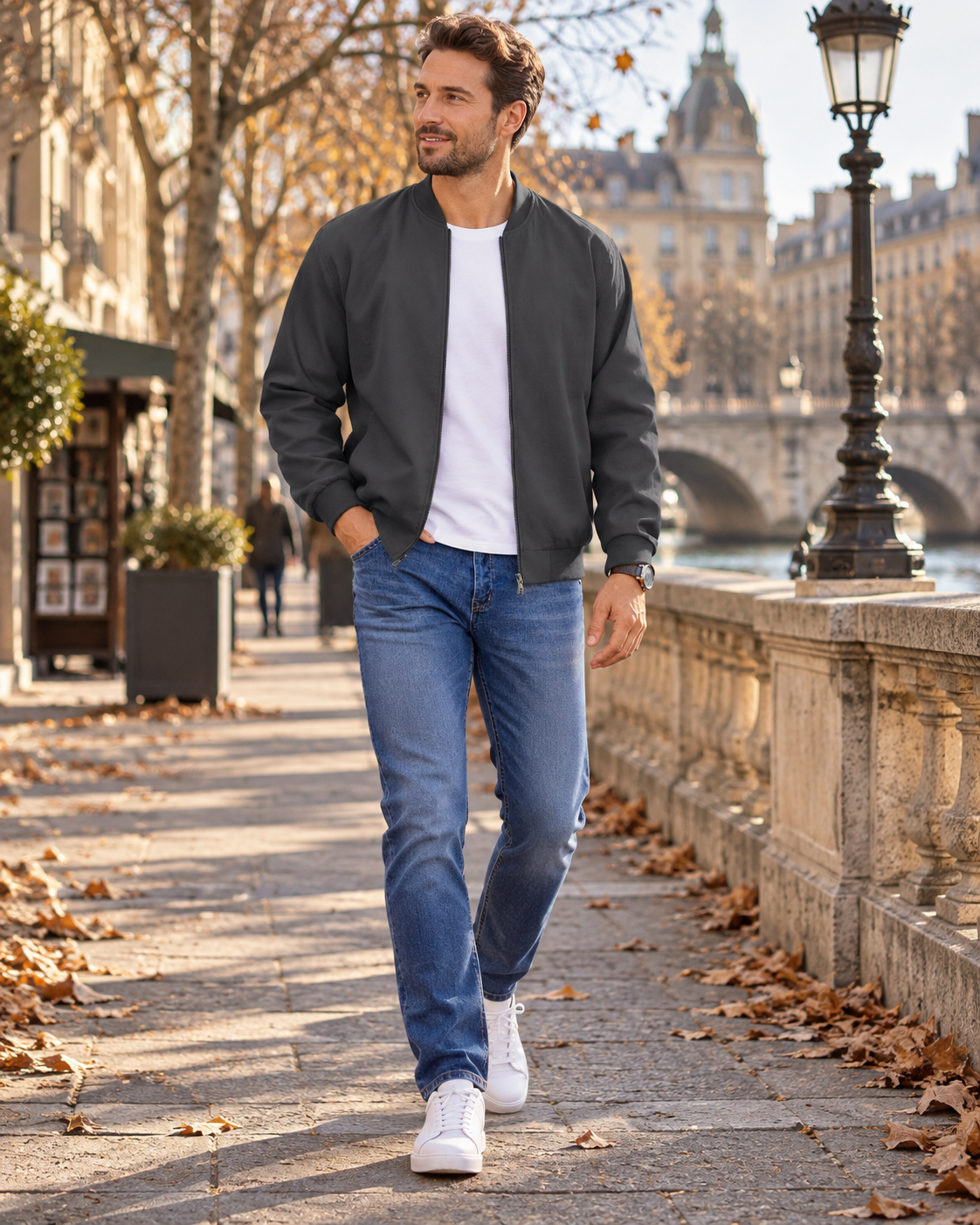 Gareth Men's Lightweight Zip-Up Bomber Jacket with Ribbed Collar and Side Pockets