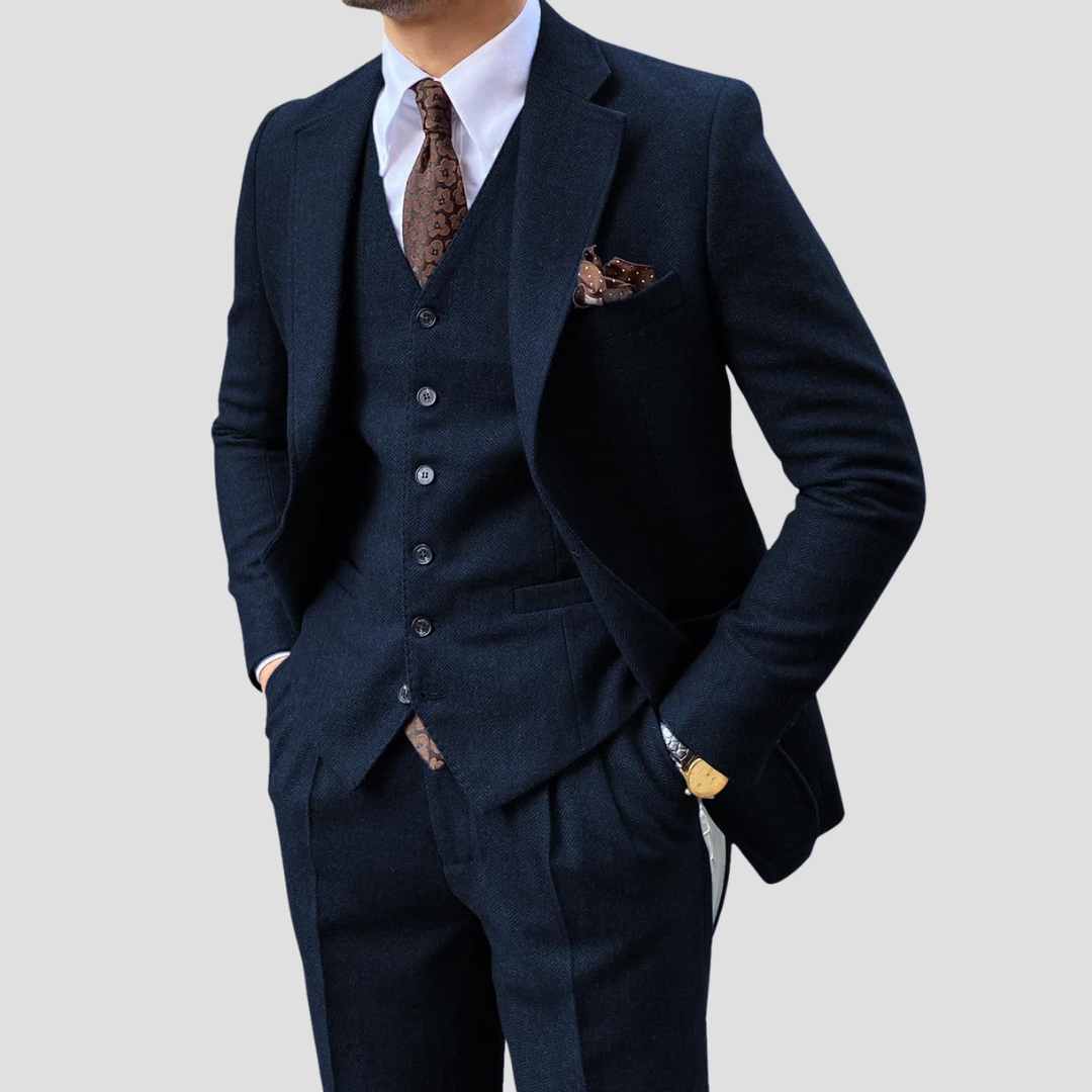 Men's Slim Fit Three-Colour Suit in Mixed Fabric with Coordinated Waistcoat