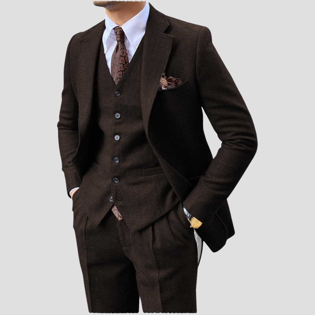 Men's Slim Fit Three-Colour Suit in Mixed Fabric with Coordinated Waistcoat