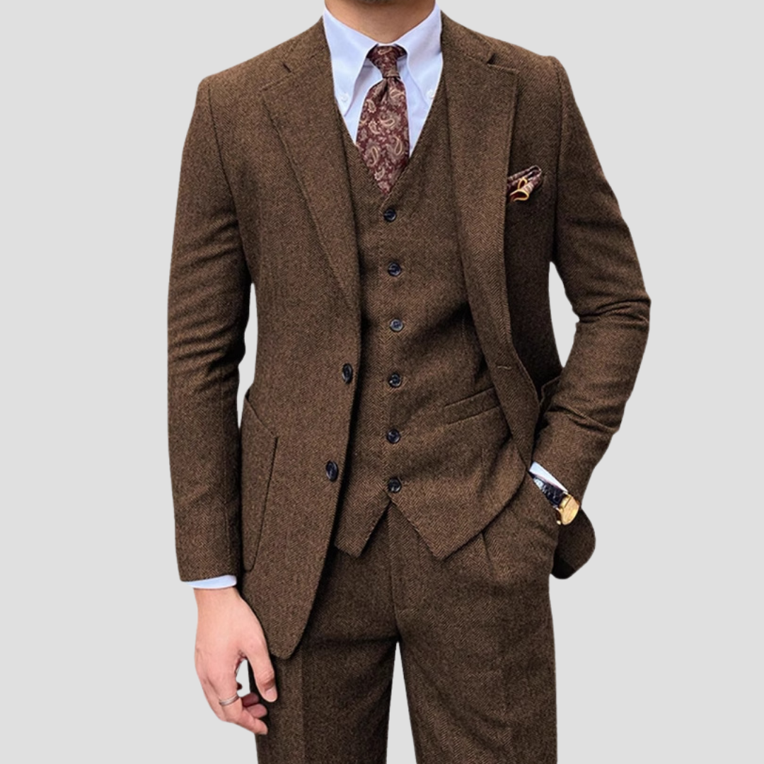 Men's Slim Fit Three-Colour Suit in Mixed Fabric with Coordinated Waistcoat