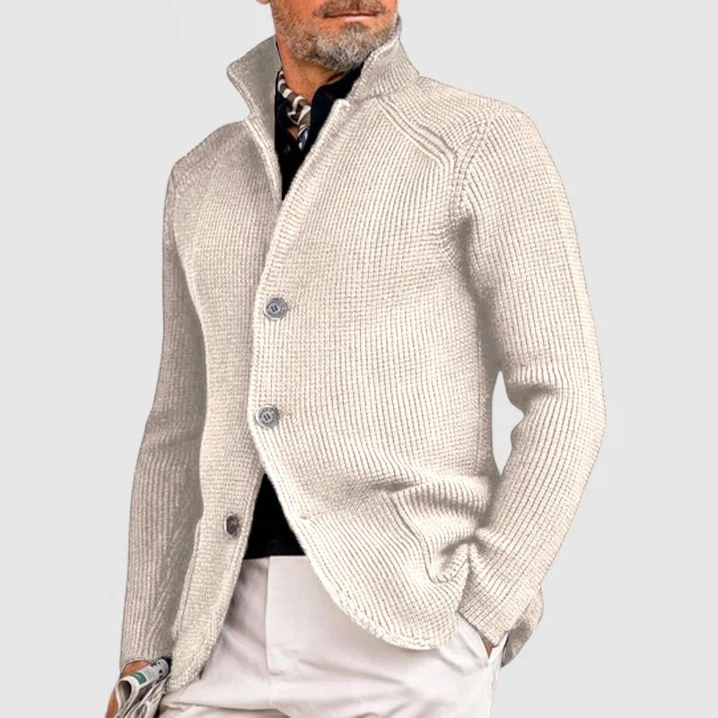 Men's Waffle Knit Cardigan with Stand Collar, Three Buttons, and Curved Hem