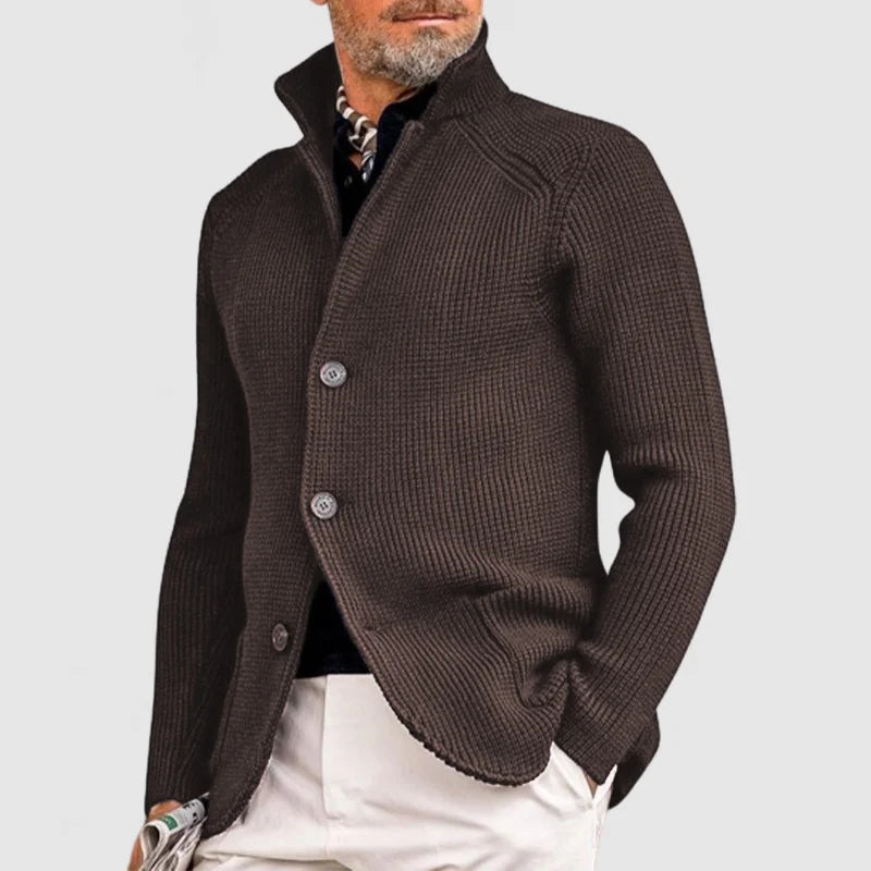 Men's Waffle Knit Cardigan with Stand Collar, Three Buttons, and Curved Hem
