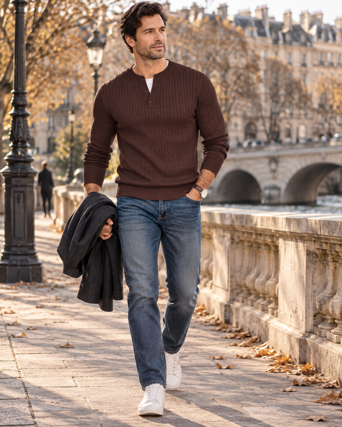 Men's Slim Fit Cable Knit Henley Pullover with Ribbed Cuffs