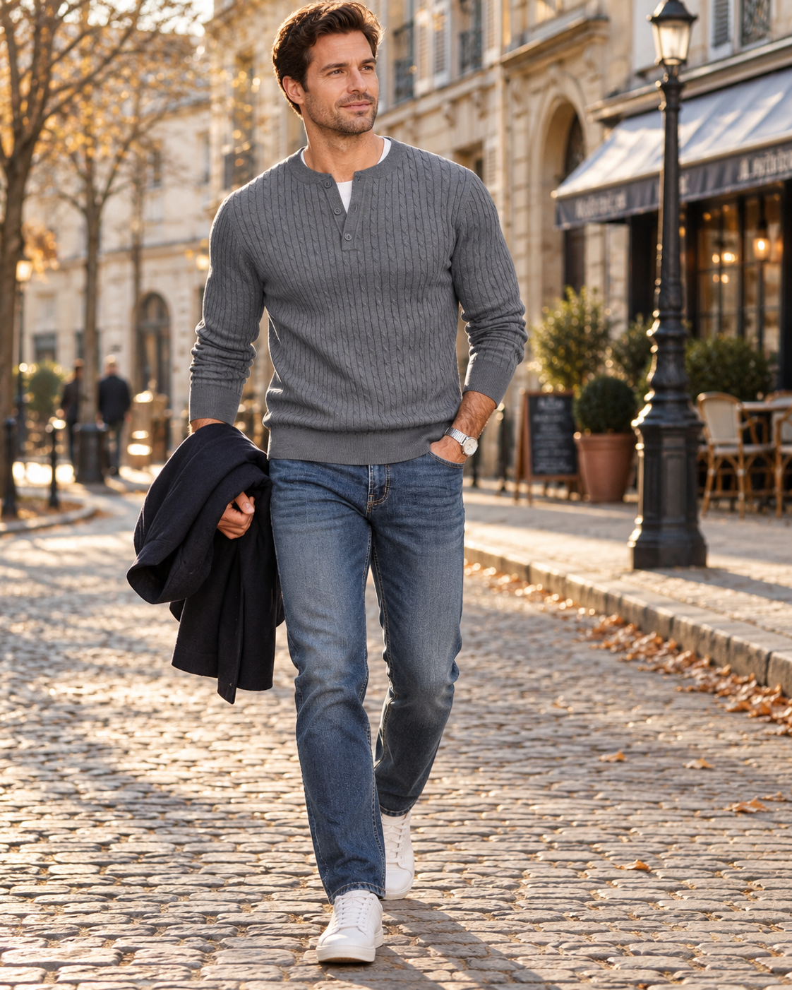 Men's Slim Fit Cable Knit Henley Pullover with Ribbed Cuffs