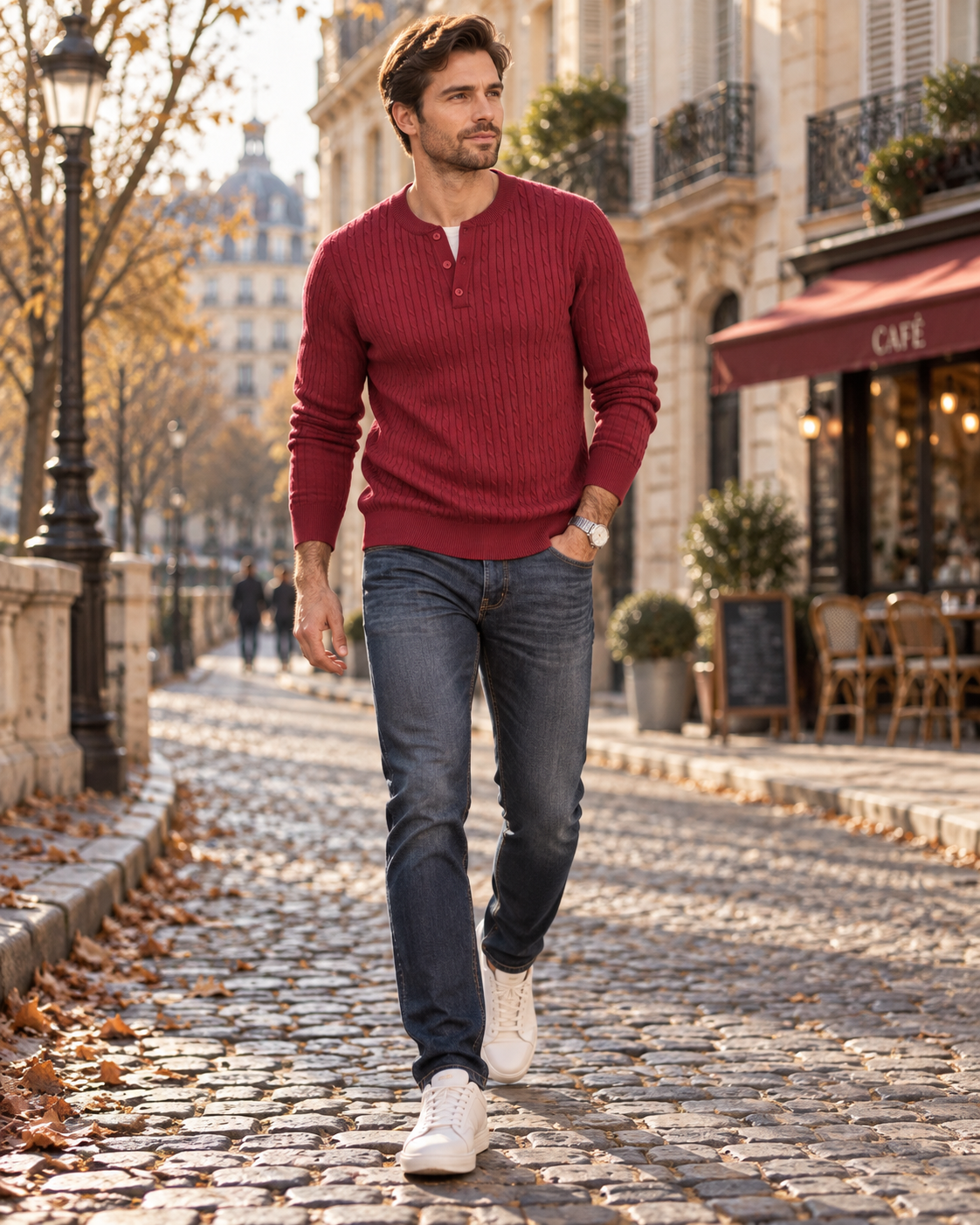 Men's Slim Fit Cable Knit Henley Pullover with Ribbed Cuffs