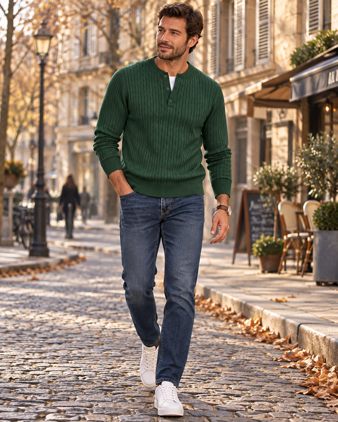 Men's Slim Fit Cable Knit Henley Pullover with Ribbed Cuffs
