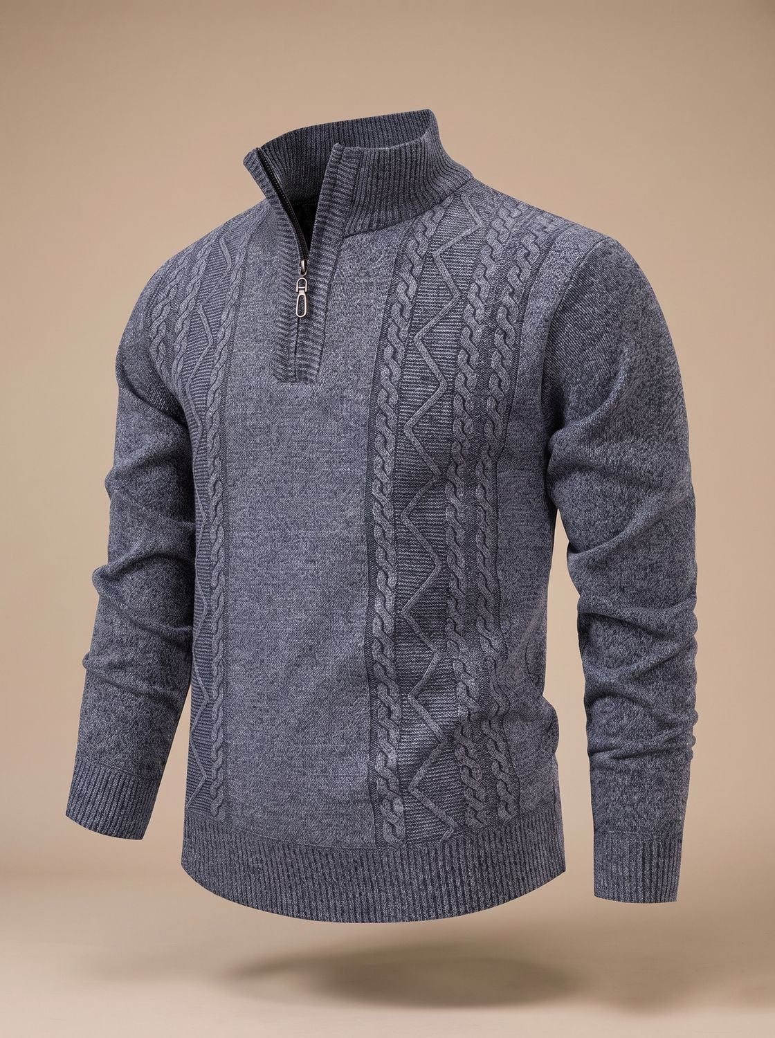 Men's Cable Knit Quarter Zip Sweater with Stand Collar and Ribbed Cuffs