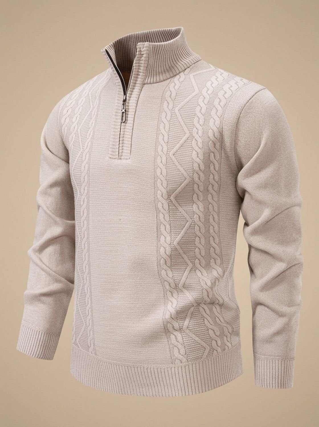 Men's Cable Knit Quarter Zip Sweater with Stand Collar and Ribbed Cuffs