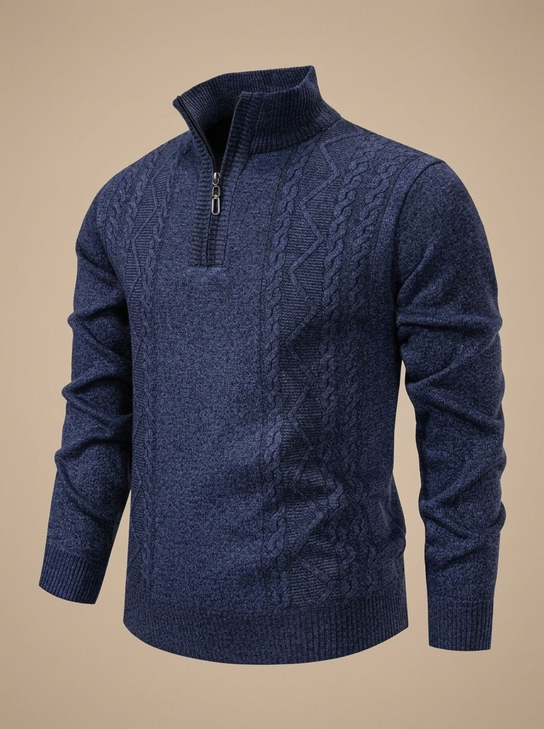 Men's Cable Knit Quarter Zip Sweater with Stand Collar and Ribbed Cuffs