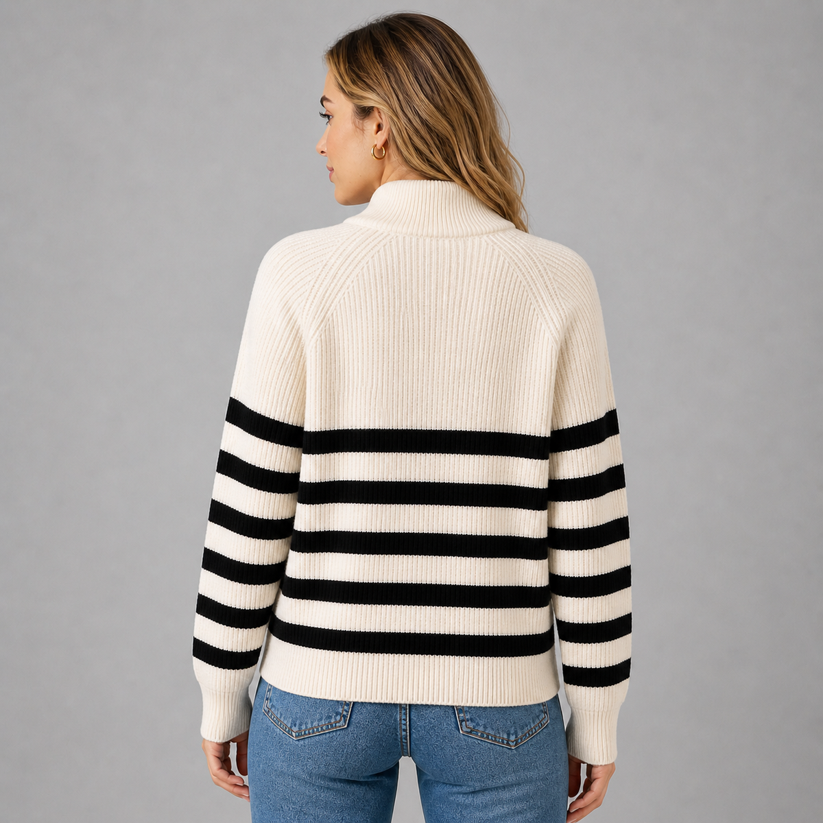 Men's Relaxed Fit Quarter Zip Sweater with Ribbed Texture and Contrast Stripes