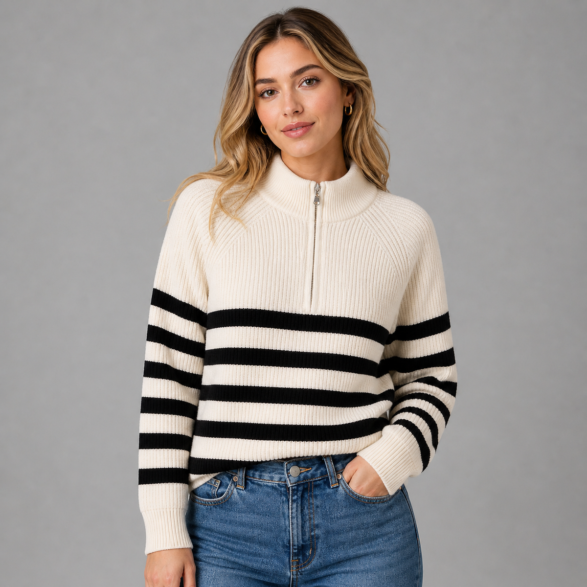 Men's Relaxed Fit Quarter Zip Sweater with Ribbed Texture and Contrast Stripes
