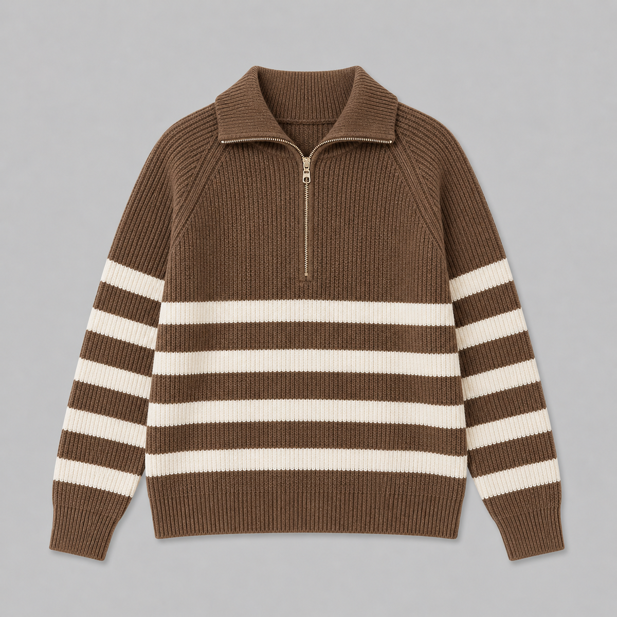 Men's Relaxed Fit Quarter Zip Sweater with Ribbed Texture and Contrast Stripes