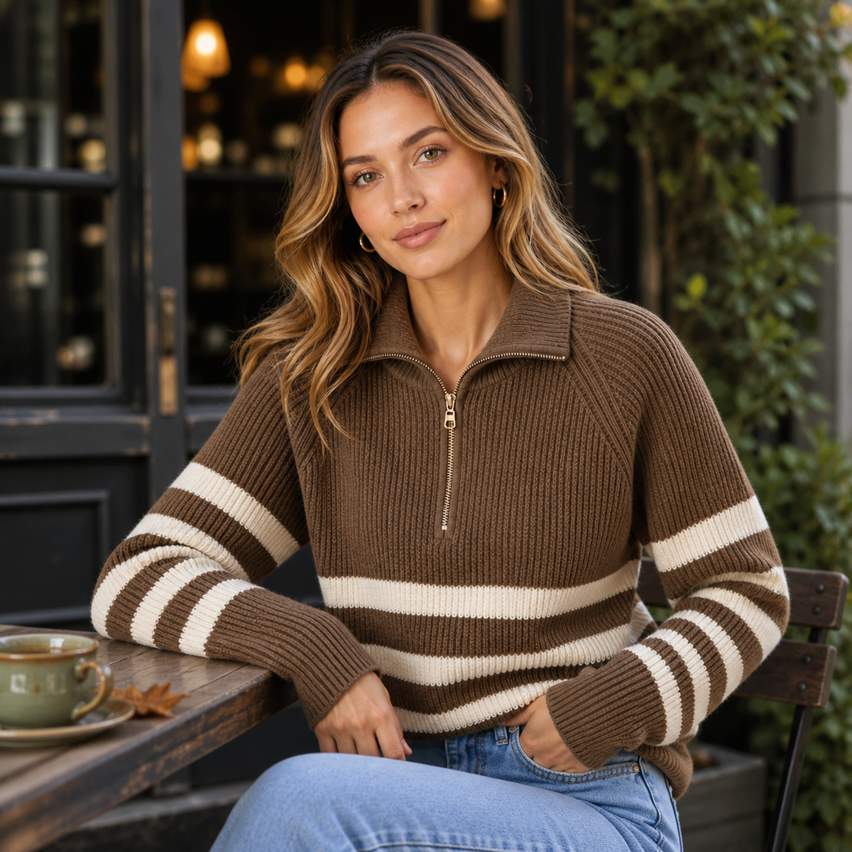 Men's Relaxed Fit Quarter Zip Sweater with Ribbed Texture and Contrast Stripes