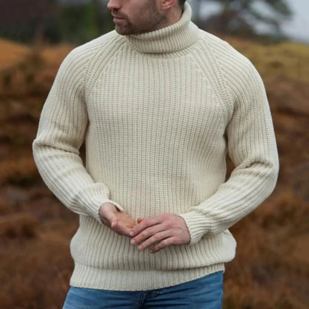 Men's Chunky Ribbed Turtleneck Sweater with Raglan Sleeves and High Collar