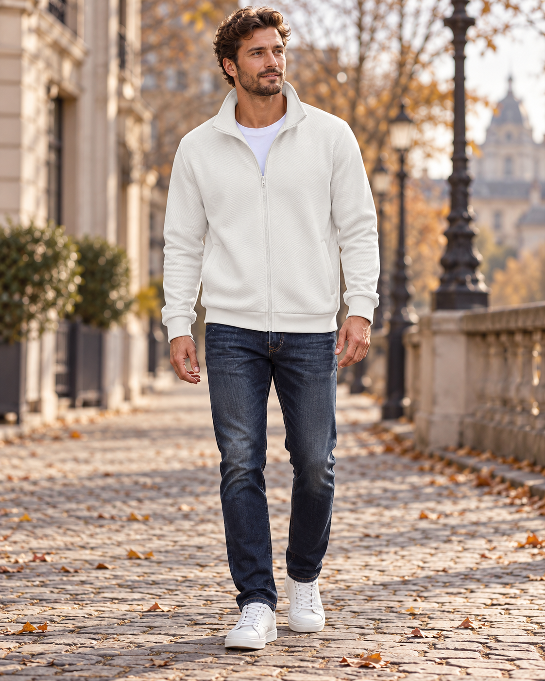 Men's High Neck Zip Hoodie with Textured Knit and Ribbed Hem, Featuring Side Pockets