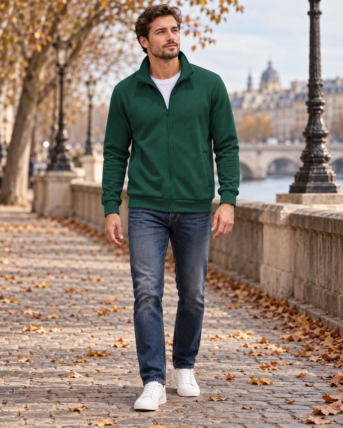 Men's High Neck Zip Hoodie with Textured Knit and Ribbed Hem, Featuring Side Pockets