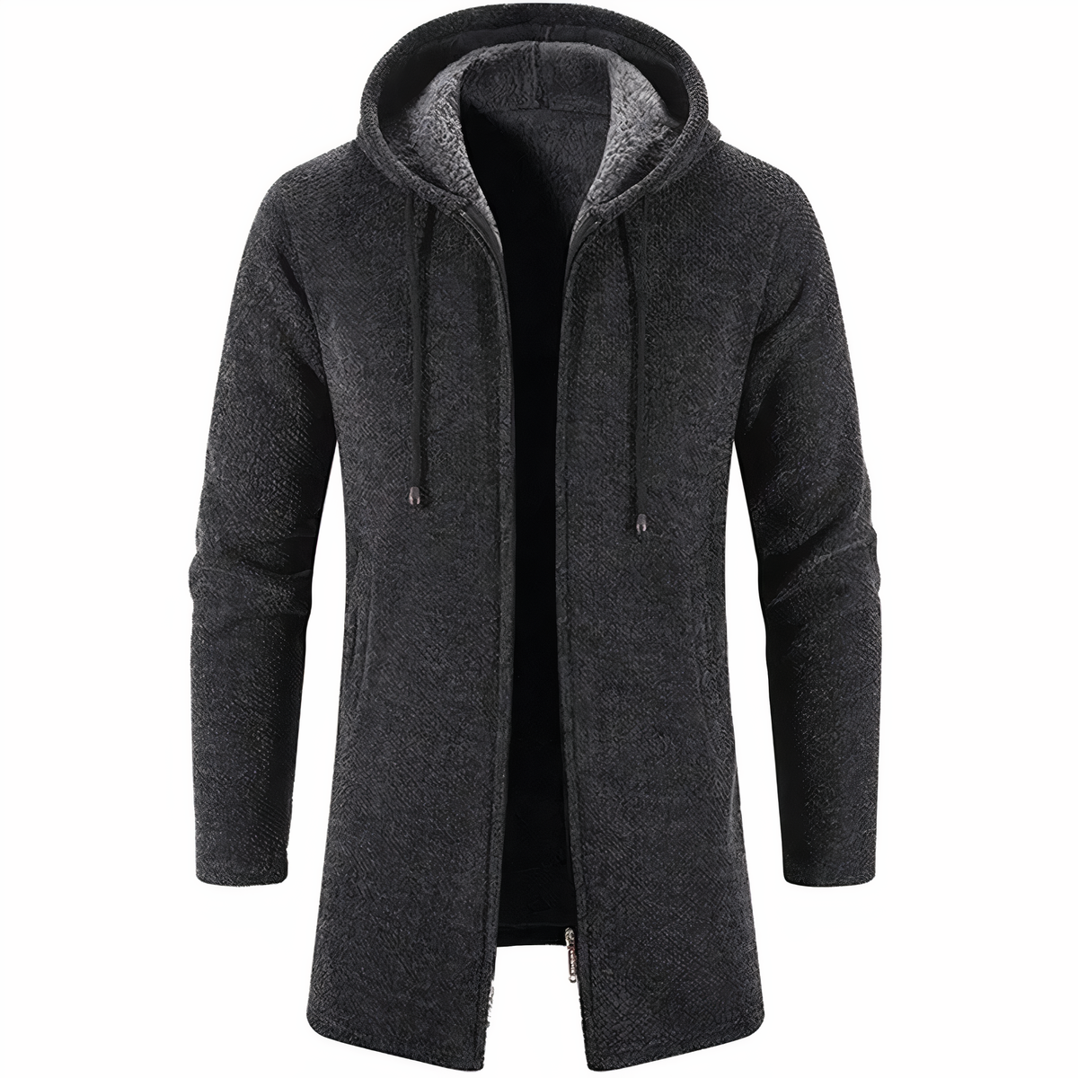Men's Longline Textured Zip-Up Hoodie with Drawcord Hood and Pockets