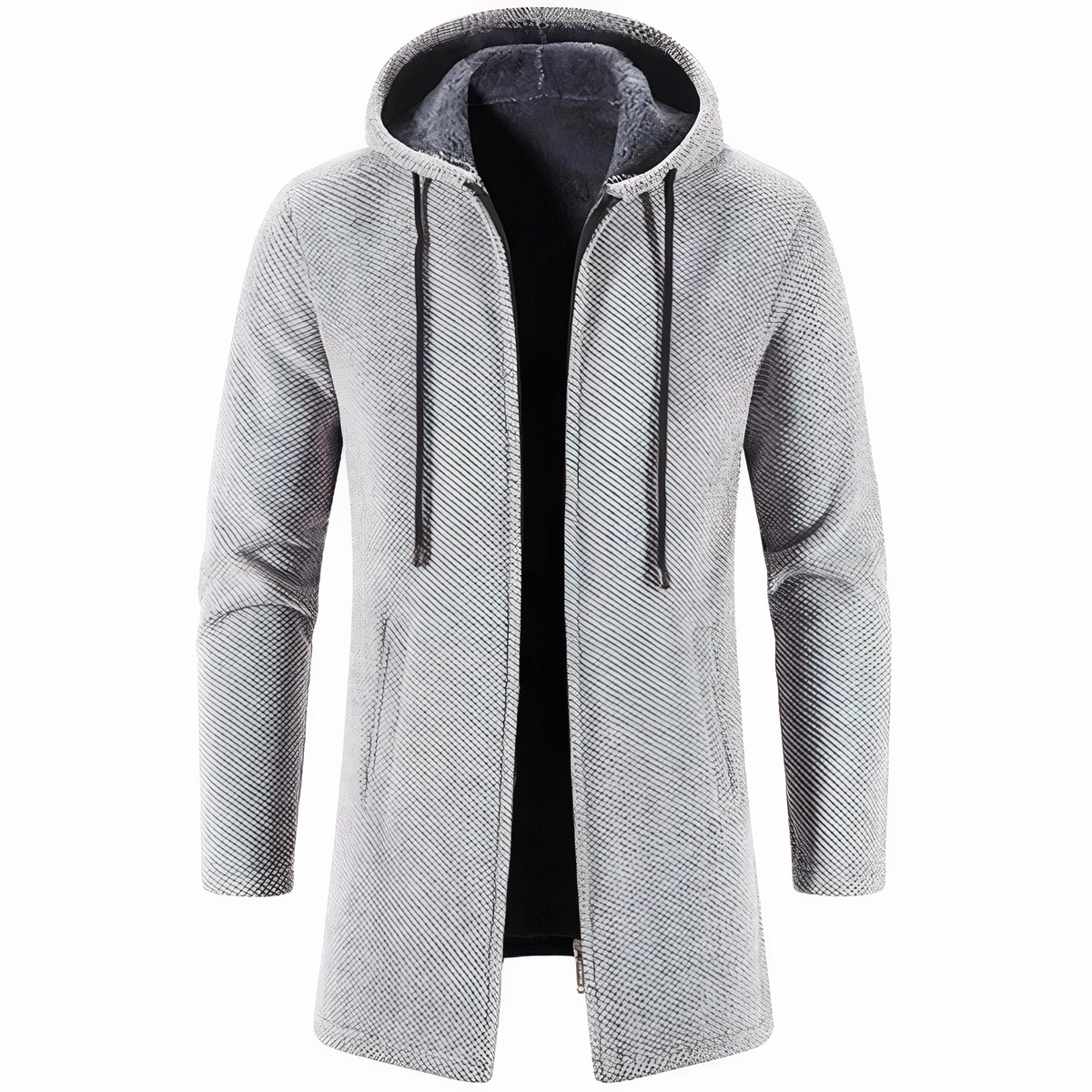 Men's Longline Textured Zip-Up Hoodie with Drawcord Hood and Pockets