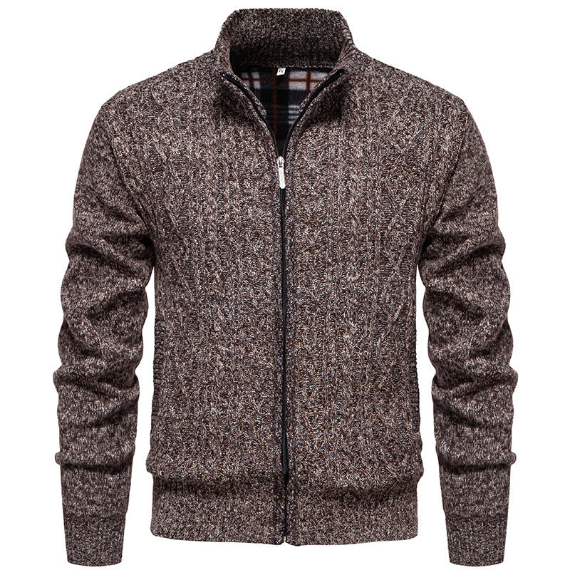 Men's Cable Knit Cardigan with Stand-Up Collar