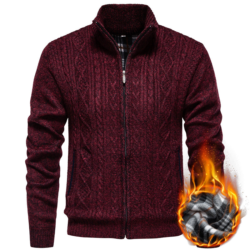 Men's Cable Knit Cardigan with Stand-Up Collar