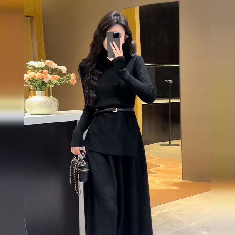 Asymmetrical Hem Knitted Midi Dress with Belt