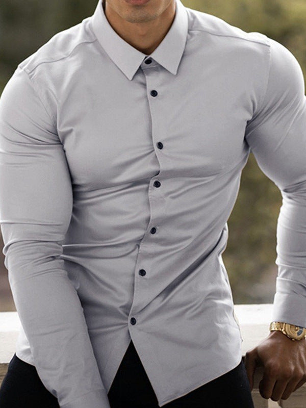 Men's Slim Fit Long Sleeve Non-Iron Shirt with Button Placket